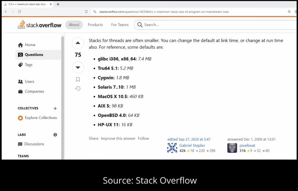 size of stack in diff compilers